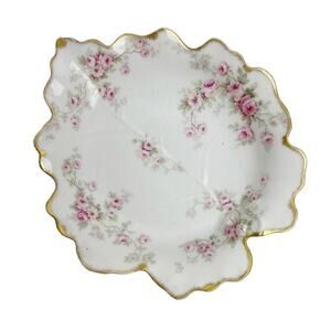 Vintage Limoges France Porcelain Floral Gold Trim Leaf Shaped Trinket Dish